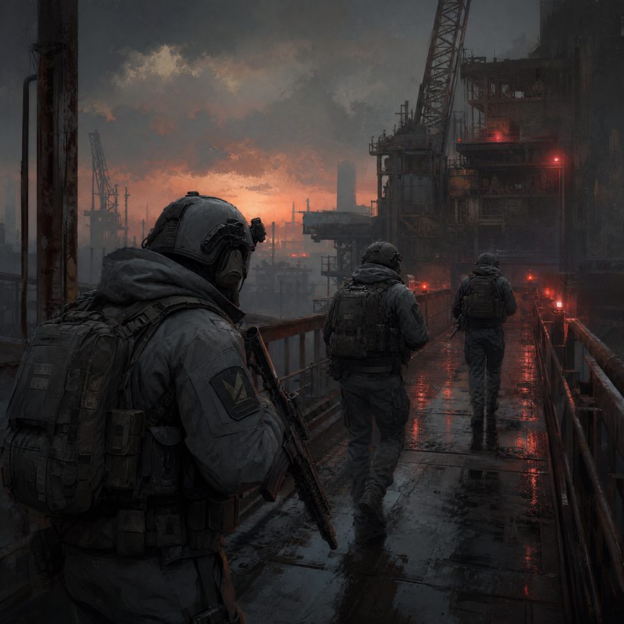 Three figures in grey gear moving along a wet industrial gantry at dusk with red warning lights