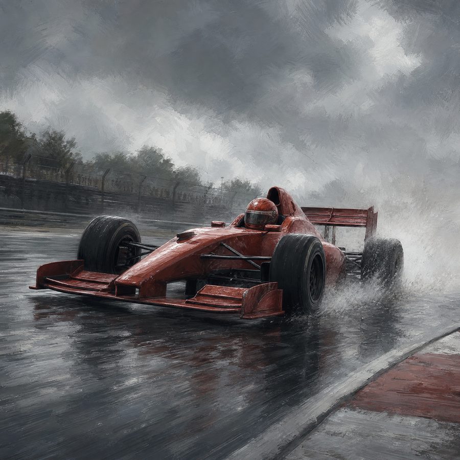 A single-seat racing car in red livery throwing up spray on a wet grey circuit under a steel sky